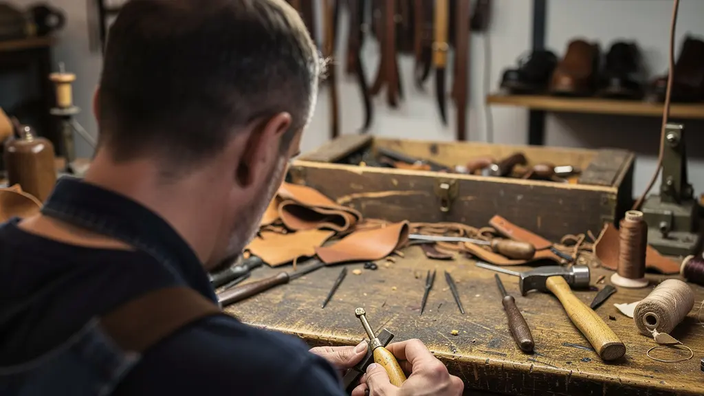 Artisan cordonnier travaillant dans atelier français de fabrication chaussures