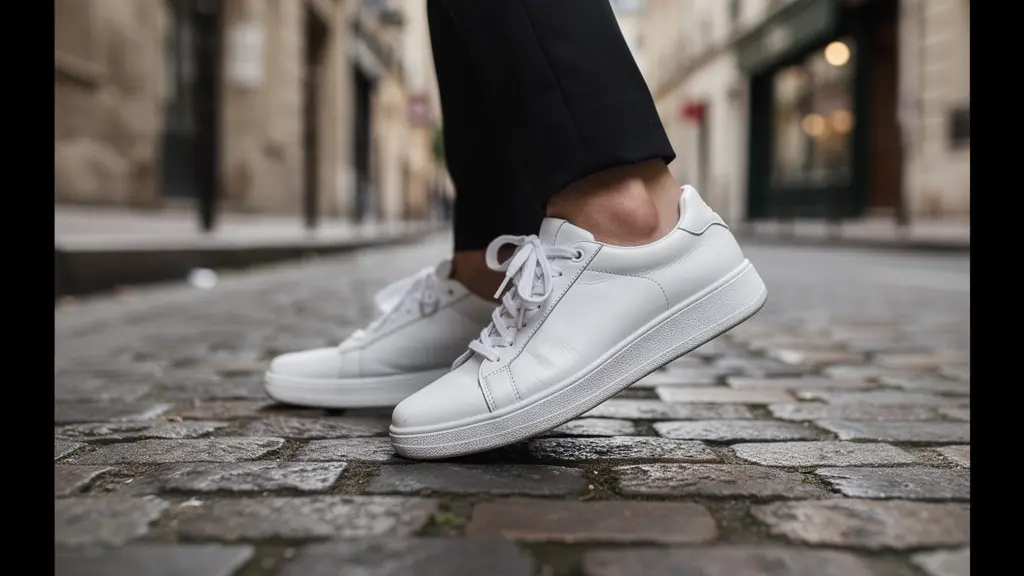 Baskets éco-responsables portées dans une rue pavée française